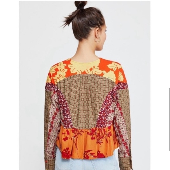 Free People Aloha State of Mind Patchwork Top Flower Detail Drapey Orange Yellow - Picture 4 of 14
